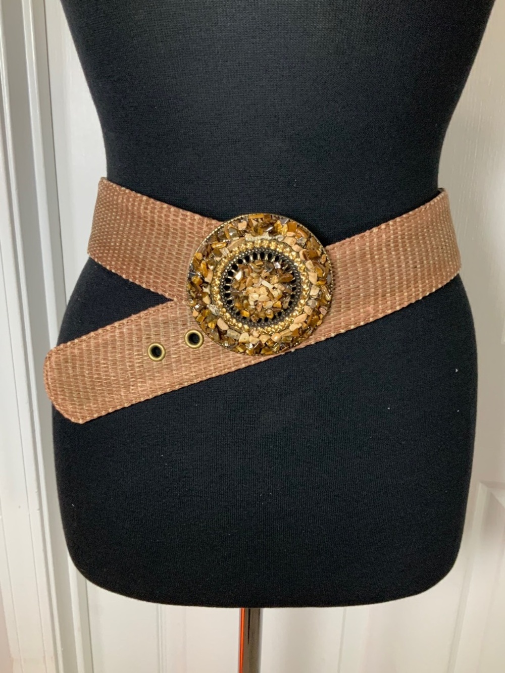 Coldwater Creek Embellished Belt Tan Beaded Medallion Boho Statement Size Small